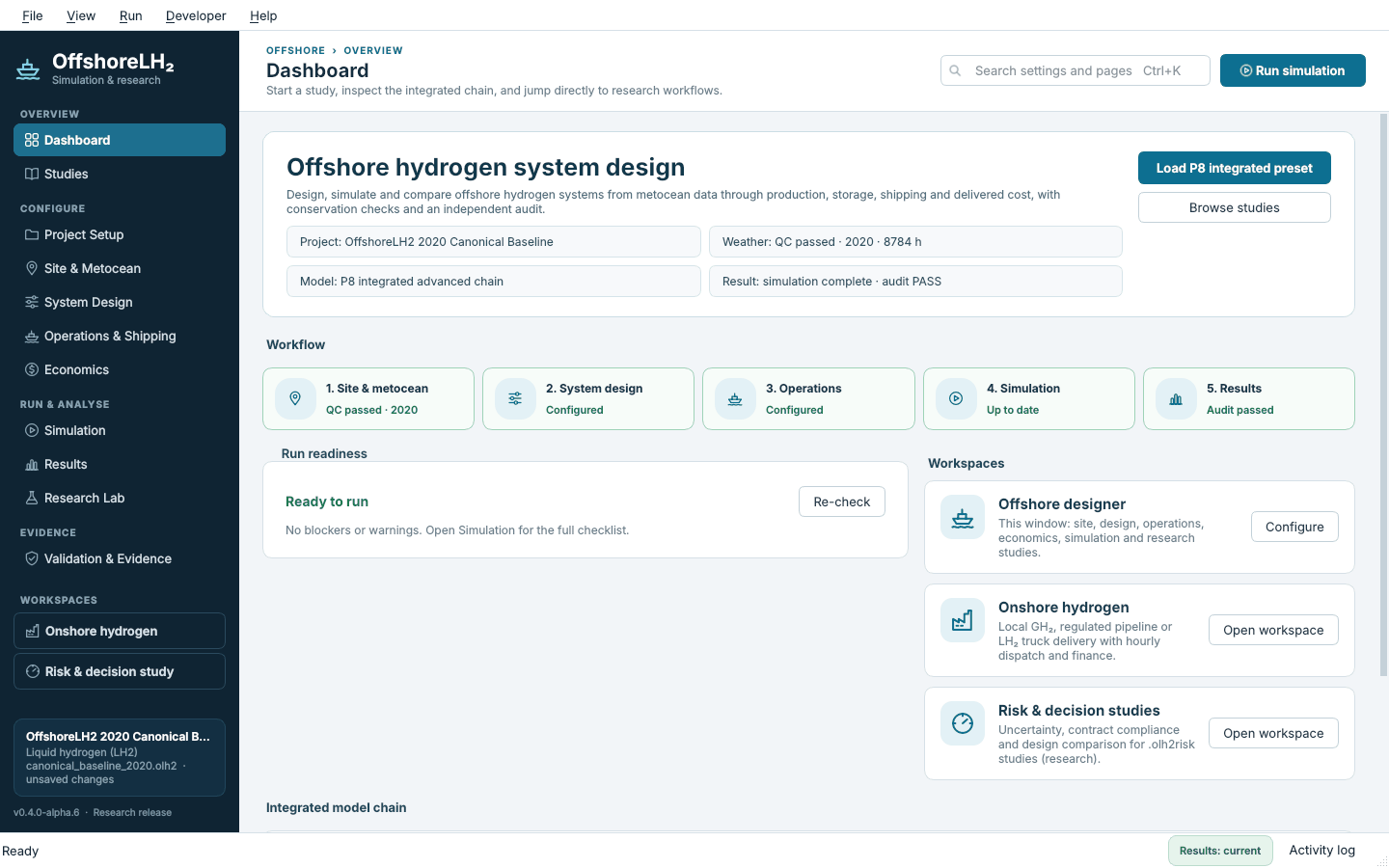 Redesigned OffshoreLH2 desktop dashboard with readiness checks, a five-step engineering workflow and separate offshore and onshore workspaces.
