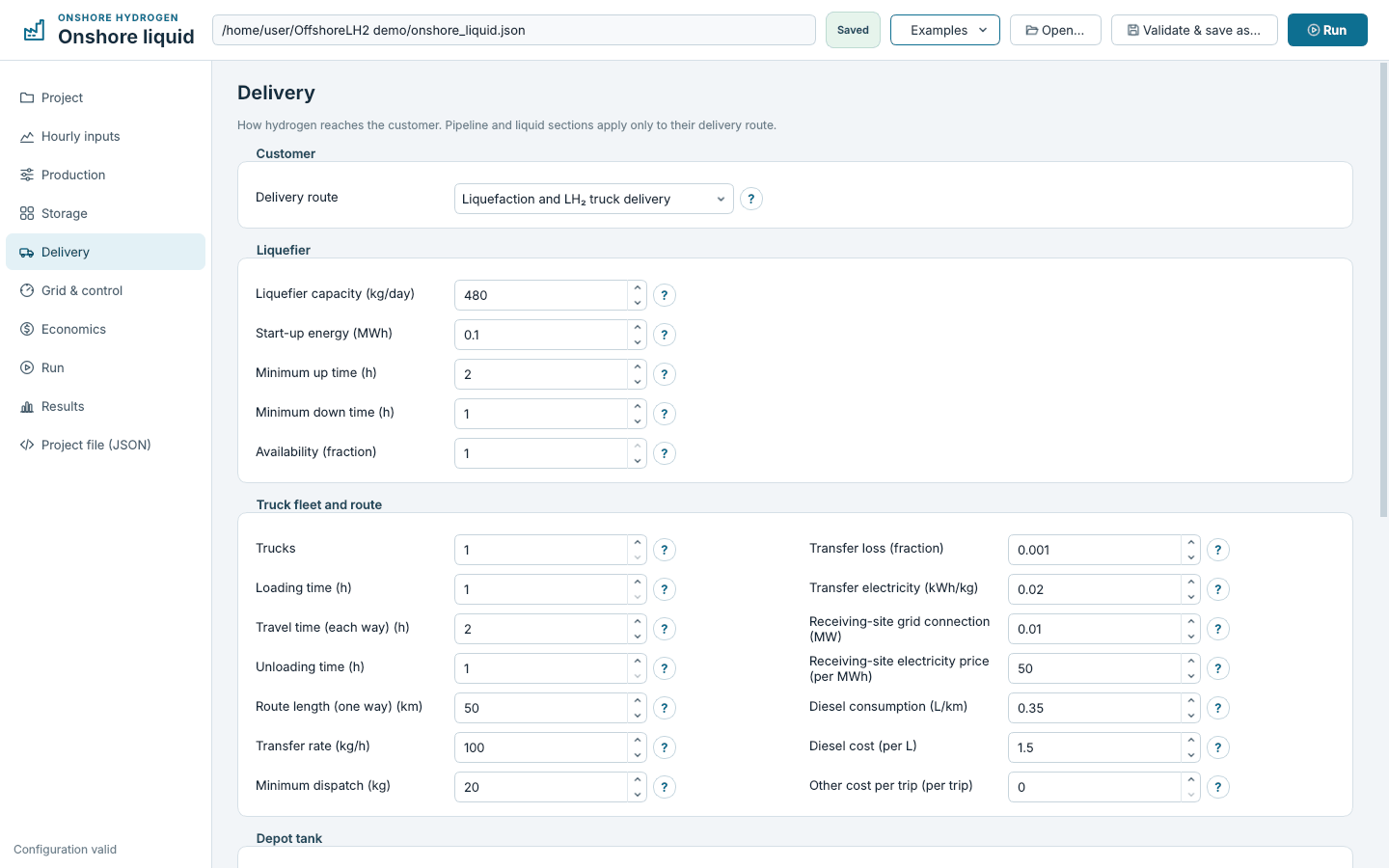 Onshore LH2 trucking settings with storage and delivery route controls.