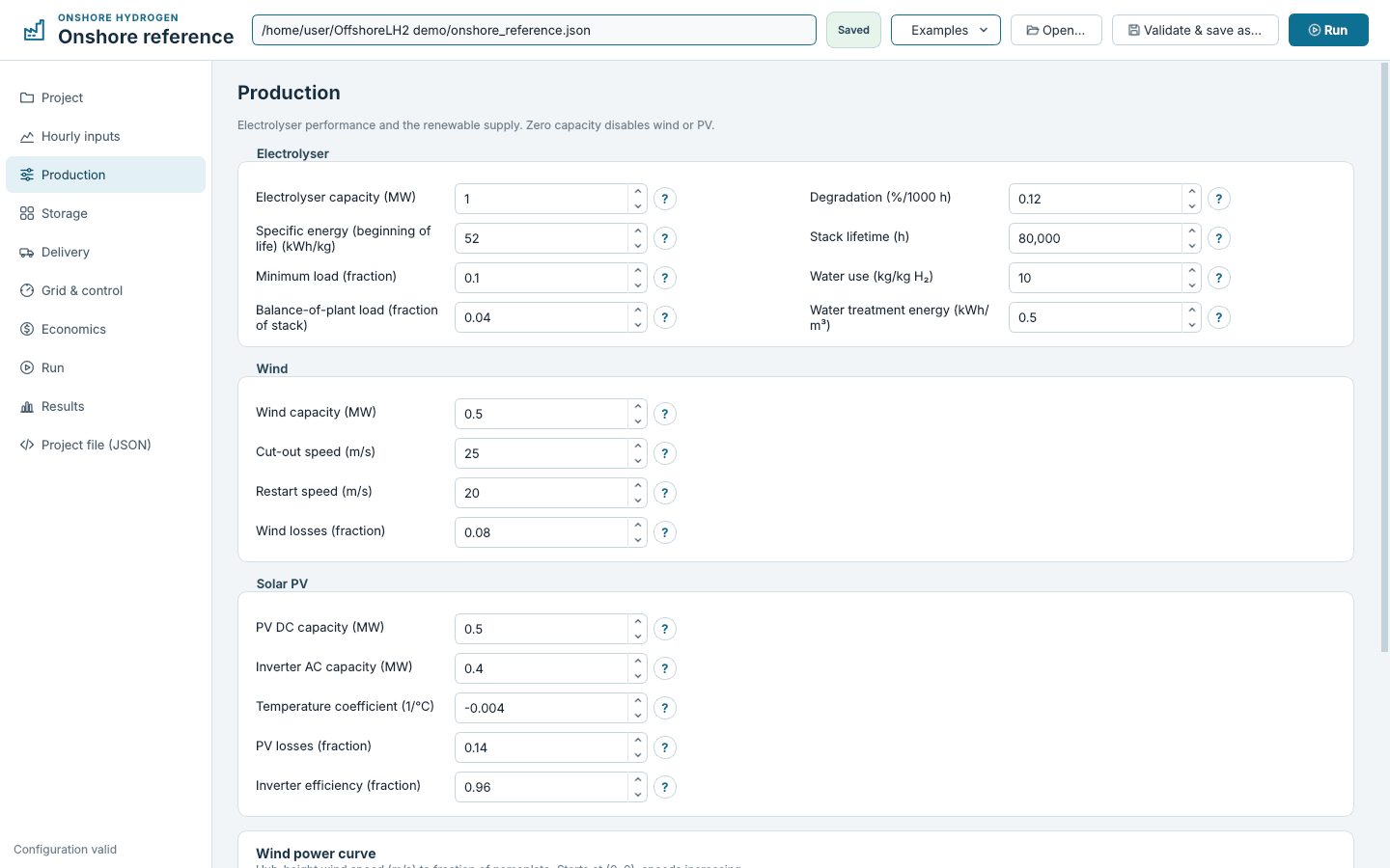Onshore Production settings in a two-column design with electrolysis and power supply assumptions.