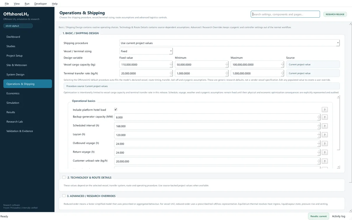Operations and Shipping page with the shipping procedure, vessel and terminal sizing, and operational basics such as backup generator capacity, call interval and voyage times.