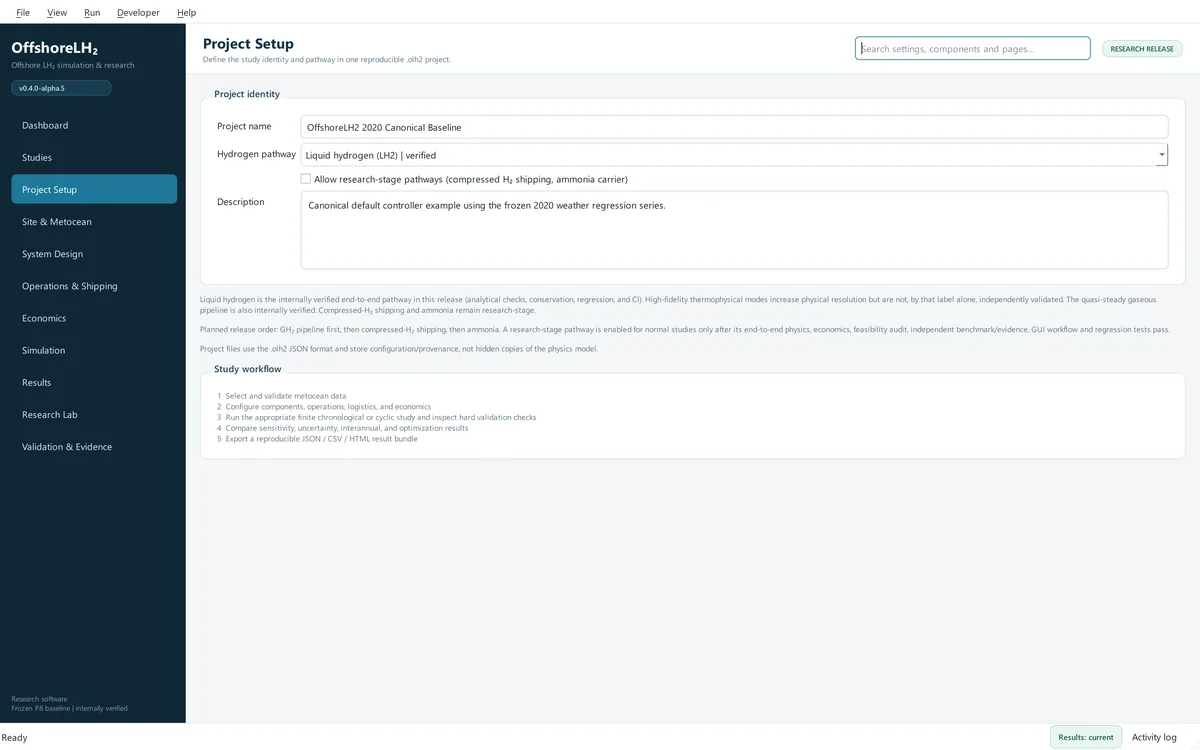 Project Setup page with project name, hydrogen pathway selector and description fields, and notes on which pathways are verified.