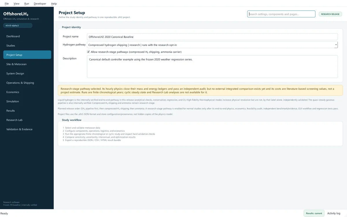 Earlier alpha.6 Project Setup showing the explicit research-stage carrier opt-in and pathway warnings.